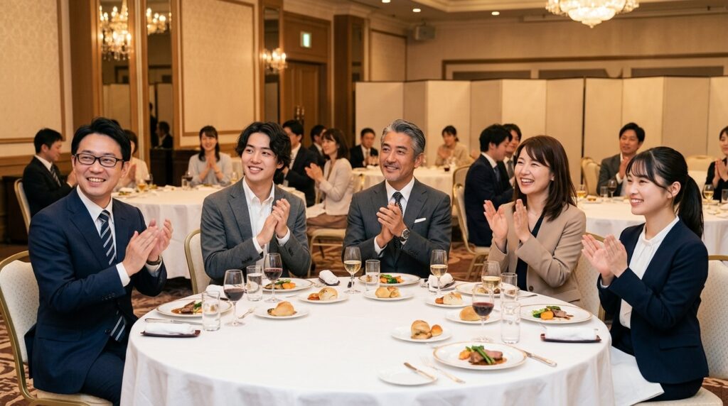 忘年会で拍手をして盛り上がる会社員たち