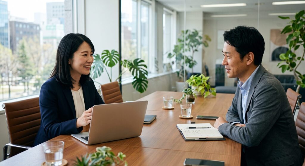 忘年会の出演者について打ち合わせをする担当者