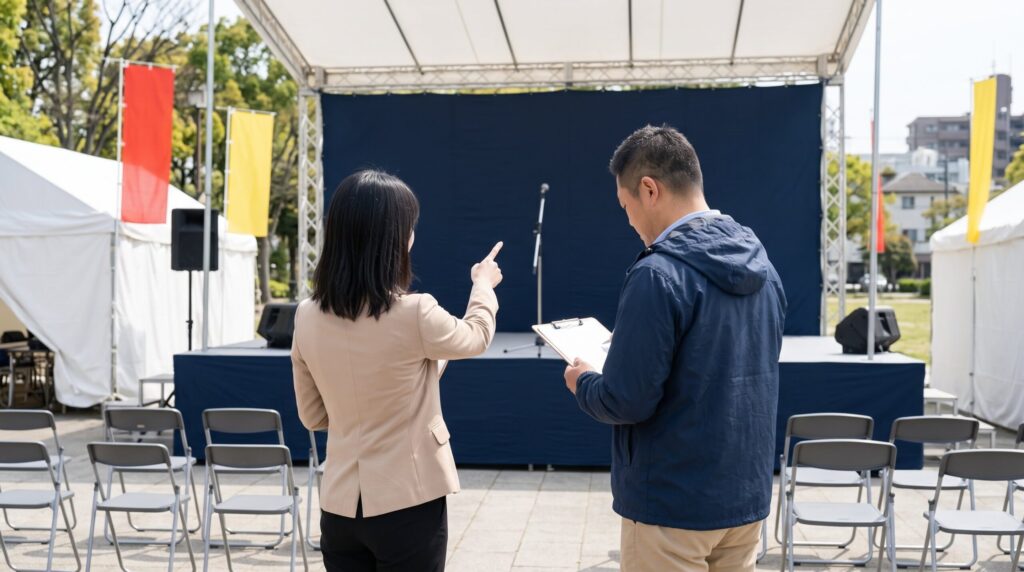 地域イベントのステージ前で打ち合わせをする担当者
