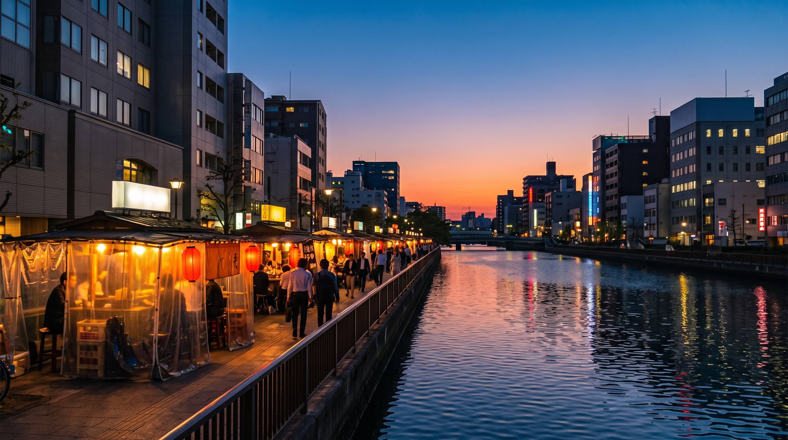 夕暮れの博多の川沿いに並ぶ屋台の明かり