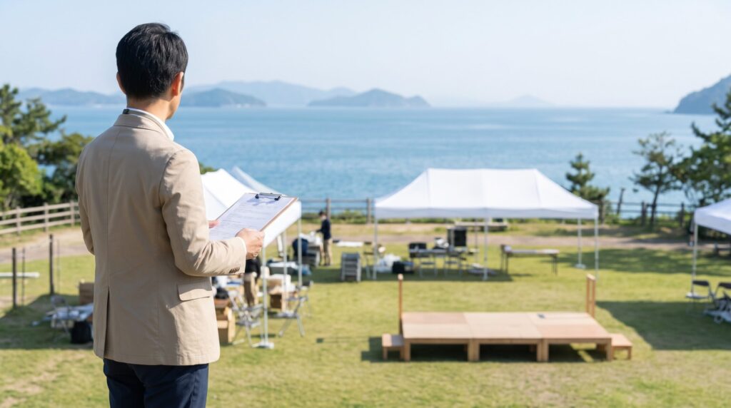 海の見える屋外のイベント会場で準備を確認する担当者
