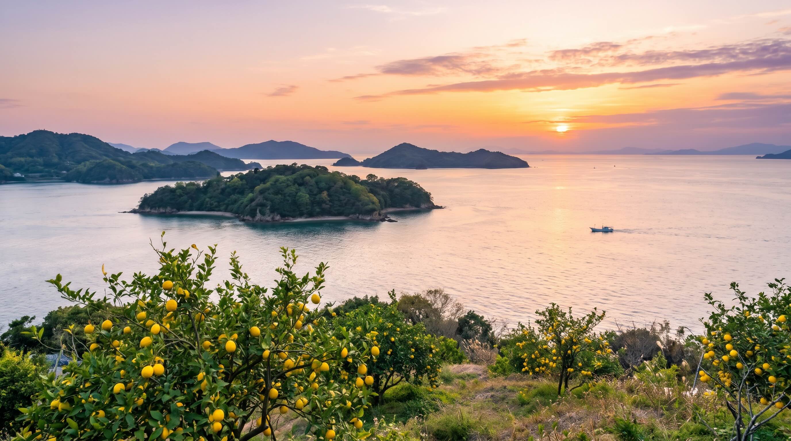 夕暮れの穏やかな海と島々(広島県のイメージ)