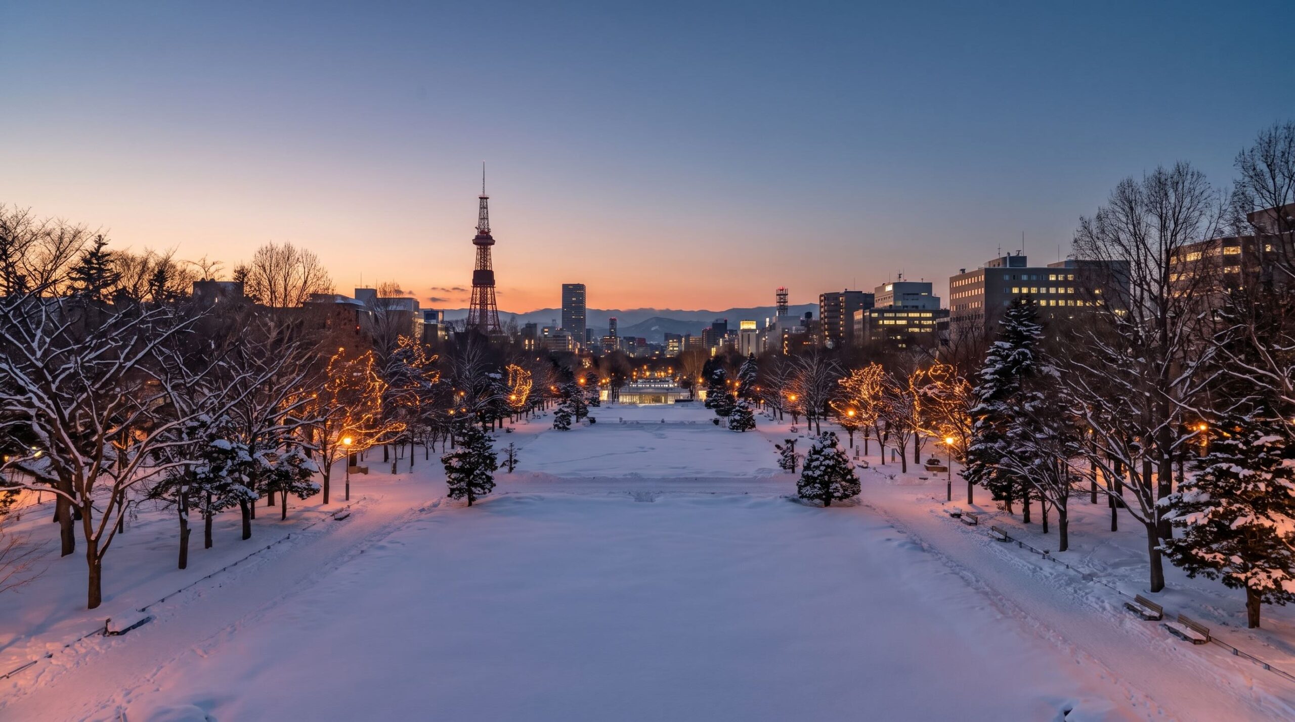 雪が積もった冬の夕暮れの公園とイルミネーション（北海道のイメージ）